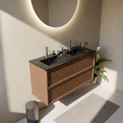Saniclass Holz Frame Ensemble de meubles de salle de bains - 120x45x62cm - Vasque Vygo en céramique noire - 2 vasques - 2 trous de robinet - 2 tiroirs - walnut pure mat (bois)