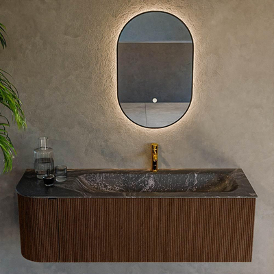 MONDIAZ KURVE-DLUX 135cm badmeubel met module 25 L kleur Walnut met 1 lade en 1 deur. Wastafel BIG MEDIUM rechts 1 kraangat kleur Lava.