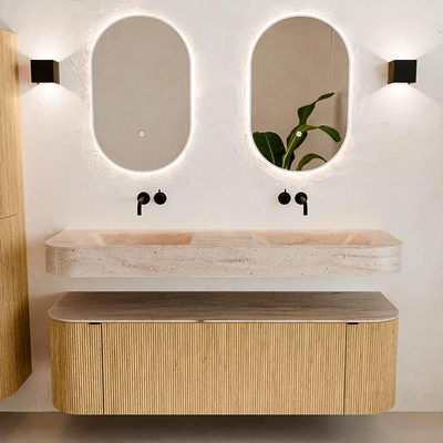 MONDIAZ THOR-DLUX 150cm meuble de salle de bains arrondi gauche + droite couleur Oak avec 1 tiroir et 2 portes. Vasque suspendue CLOUD Double sans trou de robinet couleur Saba.