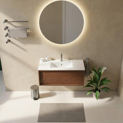 Saniclass Holz Frame Ensemble meuble de salle de bains - 100x45x42cm - Vasque Vygo en céramique blanche - 1 vasque - 1 trou de robinetterie - 1 tiroir - noyer pure mat (bois)