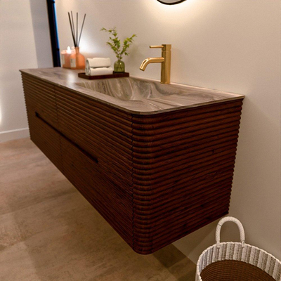 Mondiaz CIRO-DLUX Badkamermeubelset - 150x45x50cm - Solid surface wastafel Sombra - 1 wasbak Rechts - 1 kraangat - 4 lades - Ruby