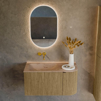 MONDIAZ KURVE-DLUX Meuble de salle de bains 85cm arrondi Droite couleur Dusk avec 1 tiroir et 1 porte. Lavabo CLOUD Gauche sans trou de robinet Arena.