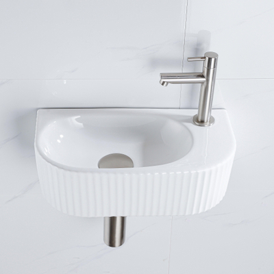 Fugaflow Efficiente Pietra Fonteinset - 40x21.5x12cm - rechts - geribbeld - halfrond - 1 kraangat - keramiek - fonteinkraan geborsteld rvs - afvoerplug - verlaagd sifon - wit glans