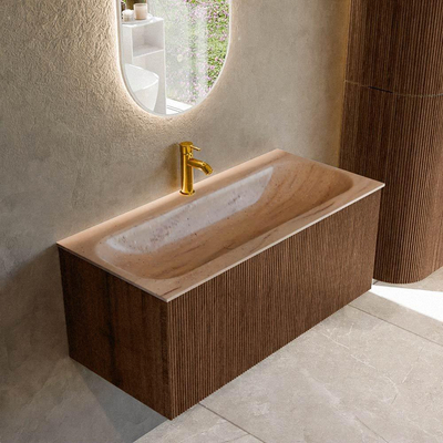 MONDIAZ KURVE-DLUX Meuble de salle de bains 100 cm couleur Walnut avec 1 tiroir et 0 porte. Lavabo BIG MEDIUM Central 1 trou de robinet Saba.