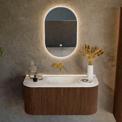 MONDIAZ KURVE 100cm badmeubel met module 25 Len R kleur Walnut met 1 lade en 2 deuren. Wastafel GRUNNE midden zonder kraangat Talc.