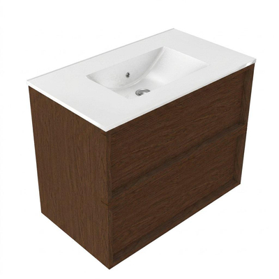 Saniclass Holz Frame Ensemble de meubles de salle de bains - 80x45x62cm - Lavabo Vygo en céramique blanc - 1 vasque - sans trou de robinet - 2 tiroirs - noyer pure mat (bois)