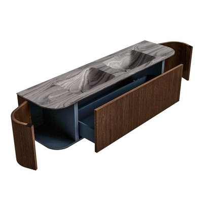 MONDIAZ KURVE-DLUX Meuble de salle de bains 170cm arrondi gauche + droite couleur Walnut avec 1 tiroir et 2 portes. Lavabo LEAF double sans trou de robinet Sombra.