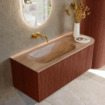MONDIAZ KURVE-DLUX Meuble de salle de bains 115cm arrondi à droite couleur Ruby avec 1 tiroir et 1 porte. Lavabo BIG SMALL gauche sans trou de robinet Saba.