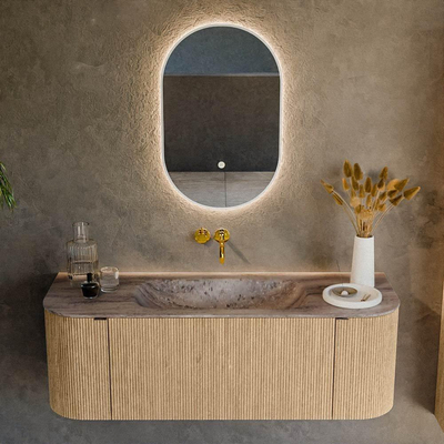 MONDIAZ KURVE-DLUX meuble de salle de bains 130cm arrondi Gauche + Droite couleur chêne avec 1 tiroir et 2 portes. Lavabo BIG SMALL Central sans trou de robinet Oza.
