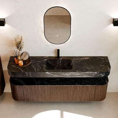 MONDIAZ THOR-DLUX 180cm meuble de salle de bains arrondi gauche + droite couleur Walnut avec 2 tiroirs et 2 portes. Vasque suspendue CLOUD Milieu 1 trou de robinet couleur Lava.