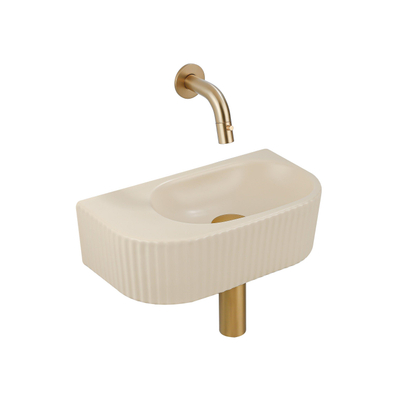 QeramiQ Fuente Ensemble de Lavabo - 40x21.5x12cm - strié - demi-rond - sans trou pour robinet - céramique - ensemble de robinet en laiton brossé - bouchon de vidange - siphon réduit - beige