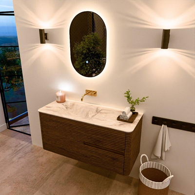 Mondiaz CIRO-DLUX Badkamermeubelset - 110x45x50cm - Solid surface wastafel Frappe - 1 wasbak Links - zonder kraangaten - 2 lades - Dusk