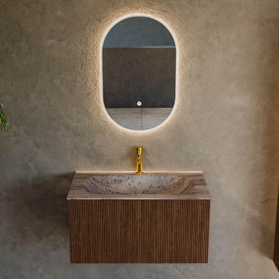 MONDIAZ KURVE-DLUX Meuble de salle de bains 80 cm couleur Walnut avec 1 tiroir et 0 porte. Lavabo BIG SMALL Centre 1 trou de robinet Oza.