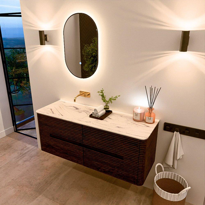 Mondiaz CIRO-DLUX Ensemble de meubles de salle de bains - 130x45x50cm - Plan-vasque solid surface Nata - 1 bassin à gauche - sans trous de robinet - 4 tiroirs - Noyer
