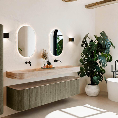 MONDIAZ THOR-DLUX Meuble de salle de bains 190cm arrondi gauche + droite couleur Shadow avec 2 tiroirs et 2 portes. Vasque suspendue CLOUD Double sans trou de robinet couleur Saba.