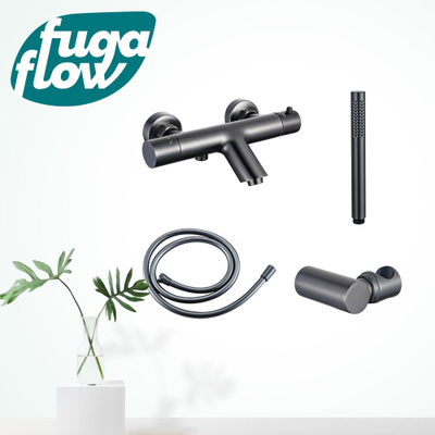 FugaFlow Eccelente Sobrado Badkamer Thermostatische badkraan met staafhanddouche, handdouchehouder en gladde doucheslang Gunmetal PVD