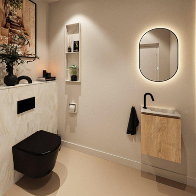 MONDIAZ TURE-DLUX Meuble toilette - 40cm - Washed Oak - EDEN - vasque Ostra - position droite - 1 trou de robinet