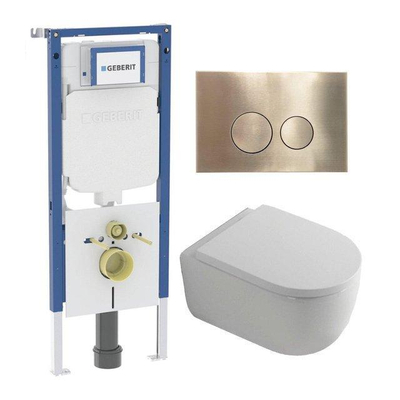 QeramiQ Dely Swirl Pack WC - 36,3x51,7cm - réservoir encastré Geberit UP720 Duofix Sigma - assise 35mm - plaque de déclenchement en laiton brossé - boutons ronds - blanc brillant