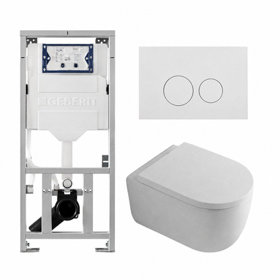 QeramiQ Dely Swirl Toiletset - 36.3x51.7cm - Geberit UP320 inbouwreservoir - met Burda frame - 35mm zitting - glans witte bedieningsplaat - ronde knoppen - glans wit