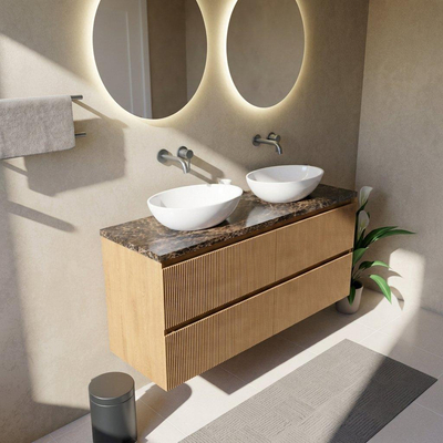 Saniclass Holz Atelier Ensemble meuble de salle de bains - 140x45x63cm - Plan de travail en pierre naturelle Noche dark emperador - sans trou de robinet - 4 tiroirs - chêne natural mat (bois)