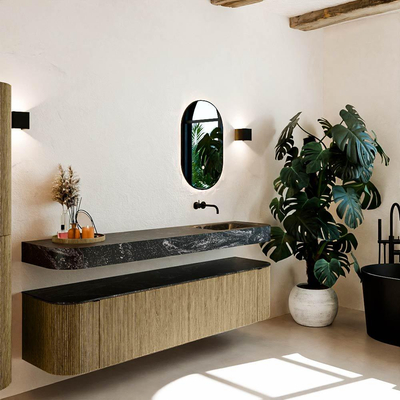 MONDIAZ THOR-DLUX 190cm badmeubel ronding links + rechts kleur Dusk met 2 lades en 2 deuren. Vrijhangende wastafel CLOUD Rechts zonder kraangat kleur Lava.