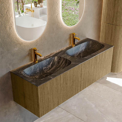 Ensemble de meuble de salle de bain Mondiaz KURVE-DLUX - 140x46x40cm - 2 tiroirs - lavabo en solid surface - double - 2 trous de robinet - Dusk