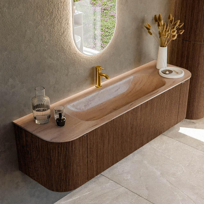 MONDIAZ KURVE-DLUX 160cm badmeubel ronding Links + Rechts kleur Walnut met 1 lade en 2 deuren. Wastafel BIG MEDIUM Midden 1 kraangat Saba.