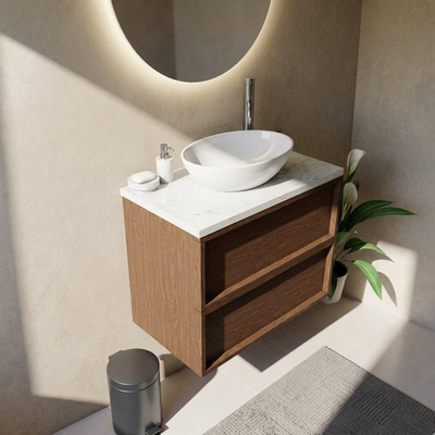 Saniclass Holz Frame Ensemble meuble de salle de bains - 80x45x63cm - Plan vasque en marbre Dia poli (blanc) - 1 trou de robinetterie - 2 tiroirs - walnut pure mat (bois)