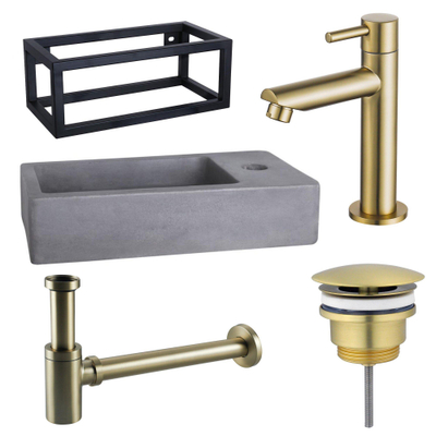 Fortifura Fuente Fonteinset - 40x22x23.5cm - 1 kraangat - zwart frame - fonteinkraan - messing geborsteld - beton - beton (grijs)