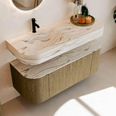 MONDIAZ THOR-DLUX 120cm meuble de salle de bains arrondi gauche + droite couleur Dusk avec 1 tiroir et 2 portes. Vasque suspendue CLOUD gauche 1 trou de robinet couleur Nata.