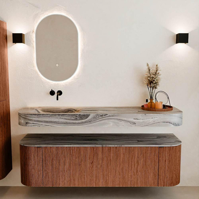 MONDIAZ THOR-DLUX 160cm meuble de salle de bains arrondi gauche + droite couleur Ruby avec 1 tiroir et 2 portes. Vasque suspendue CLOUD gauche sans trou de robinet couleur Sombra.