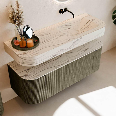 MONDIAZ THOR-DLUX 130cm badmeubel ronding links + rechts kleur Shadow met 1 lade en 2 deuren. Vrijhangende wastafel CLOUD Rechts zonder kraangat kleur Nata.