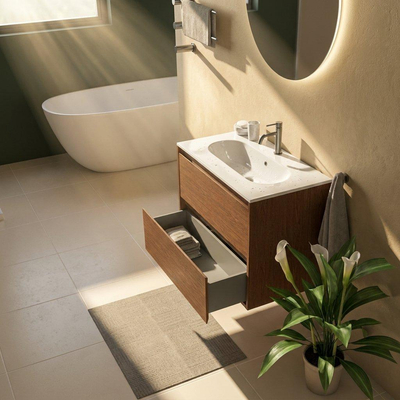 Saniclass Holz Pure Ensemble de meubles de salle de bains - 80x45x73.9cm - Vasque Chaci en céramique blanche - 1 vasque - 1 trou de robinetterie - 2 tiroirs - walnut pure mat (bois)