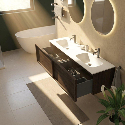 Saniclass Holz Frame Ensemble meuble de salle de bains - 160x45x41.5cm - lavabo Flow en solid surface blanc - 2 vasques - 2 trous de robinet - 2 tiroirs - chêne charcoal mat (bois)