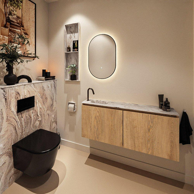 MONDIAZ TURE-DLUX Meuble de WC 120 cm Washed Oak. Lavabo EDEN Glace position gauche. Avec 1 trou de robinet.