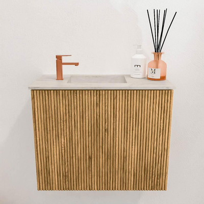 Mondiaz JOYA-DLUX 50cm toiletmeubel - kleur Oak - Wastafel FAYE positie Links 1 kraangat kleur Ostra.