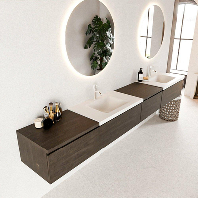 MONDIAZ BUKLA 280cm ensemble de meuble avec module 60 à droite couleur Marron Foncé avec 4 tiroirs. Lavabo CLOUD double 2 trous de robinet couleur Talc.