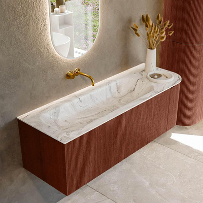 Mondiaz KURVE-DLUX Ensemble meuble de salle de bains - 135x46x40cm - 1 tiroir - 1 porte - lavabo solid surface - gauche - sans trou de robinet - Ruby