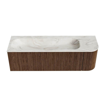 MONDIAZ KURVE-DLUX 145cm Meuble salle de bain avec module 25 D - couleur Walnut - 1 tiroir - 1 porte - vasque BIG LARGE gauche - 2 trous de robinet - couleur Ostra