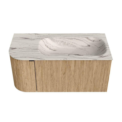 MONDIAZ KURVE-DLUX Meuble de salle de bains 95cm arrondi à gauche couleur Oak avec 1 tiroir et 1 porte. Lavabo BIG SMALL à droite 1 trou de robinet Nata.
