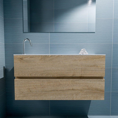 MONDIAZ ADA Toiletmeubel - 100x30x50cm - 1 kraangat - 2 lades - washed oak mat - wasbak links - Solid surface - Wit