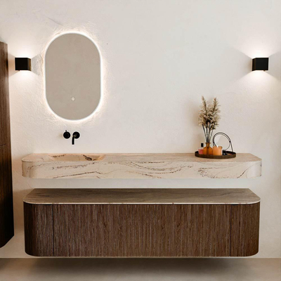 MONDIAZ THOR-DLUX Meuble de salle de bains - 180cm - arrondi gauche + droite - couleur Walnut - 2 tiroirs - 2 portes - Vasque suspendue CLOUD Gauche sans trou de robinet - couleur Arena