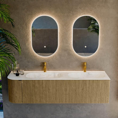 Ensemble de meuble de salle de bain Mondiaz KURVE-DLUX - 165x46x40cm - 2 tiroirs - 1 porte - lavabo en solid surface - double / droite - 2 trous de robinet - Dusk