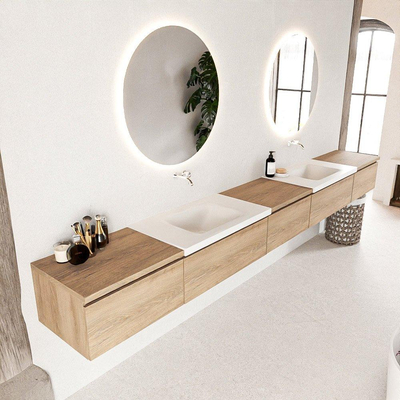 MONDIAZ BUKLA meuble de salle de bain 340cm avec module 60 couleur Chêne blanchi avec 5 tiroirs. Lavabo CLOUD double 0 trou de robinet couleur Talc.