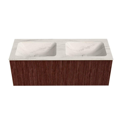 MONDIAZ KURVE-DLUX Meuble de salle de bains 120 cm couleur Ruby avec 1 tiroir et 0 porte. Lavabo LEAF Double 2 trous de robinet Meli.