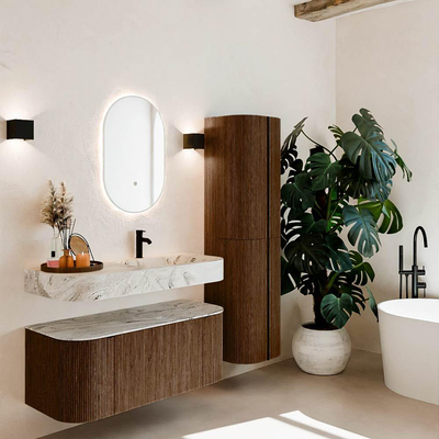 MONDIAZ THOR-DLUX Meuble de salle de bains 110cm arrondi gauche + droite couleur Walnut avec 1 tiroir et 2 portes. Vasque suspendue CLOUD Droite 1 trou de robinet couleur Glace.