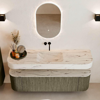 MONDIAZ THOR-DLUX 160cm meuble de salle de bains arrondi gauche + droite couleur Shadow avec 1 tiroir et 2 portes. Vasque suspendue CLOUD Milieu sans trou de robinet couleur Nata.