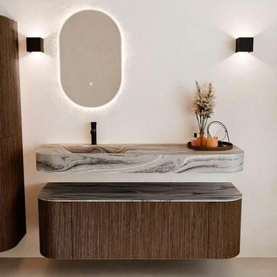 MONDIAZ THOR-DLUX 140cm badmeubel ronding links + rechts kleur Walnut met 1 lade en 2 deuren. Vrijhangende wastafel CLOUD Links 1 kraangat kleur Sombra.