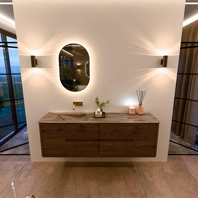 Mondiaz CIRO-DLUX Badkamermeubelset - 160x45x50cm - Solid surface wastafel Sombra - 1 wasbak Links - zonder kraangaten - 4 lades - Dusk