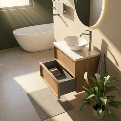 Saniclass Holz Frame Ensemble meuble de salle de bains - 80x45x63cm - Plan vasque en marbre Dia poli (blanc) - 1 trou de robinetterie - 2 tiroirs - chêne naturel mat (bois)